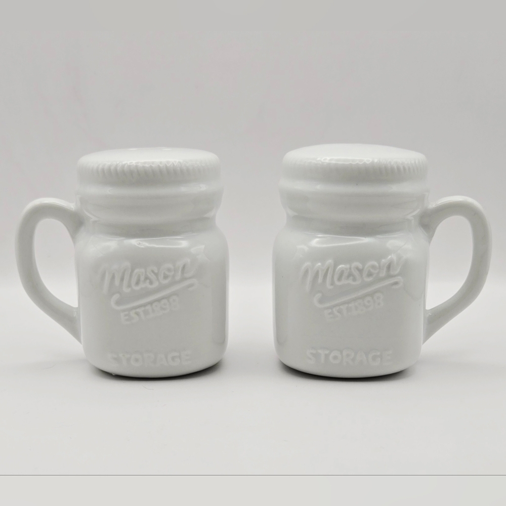 White Mason Jar Ceramic Salt & Pepper Shakers – Farmhouse Kitchen Decor